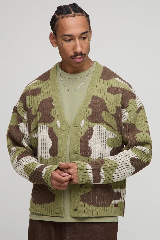 Oversized Boxy Ribbed Camo Knitted Cardigan | boohooMAN (US & Canada)