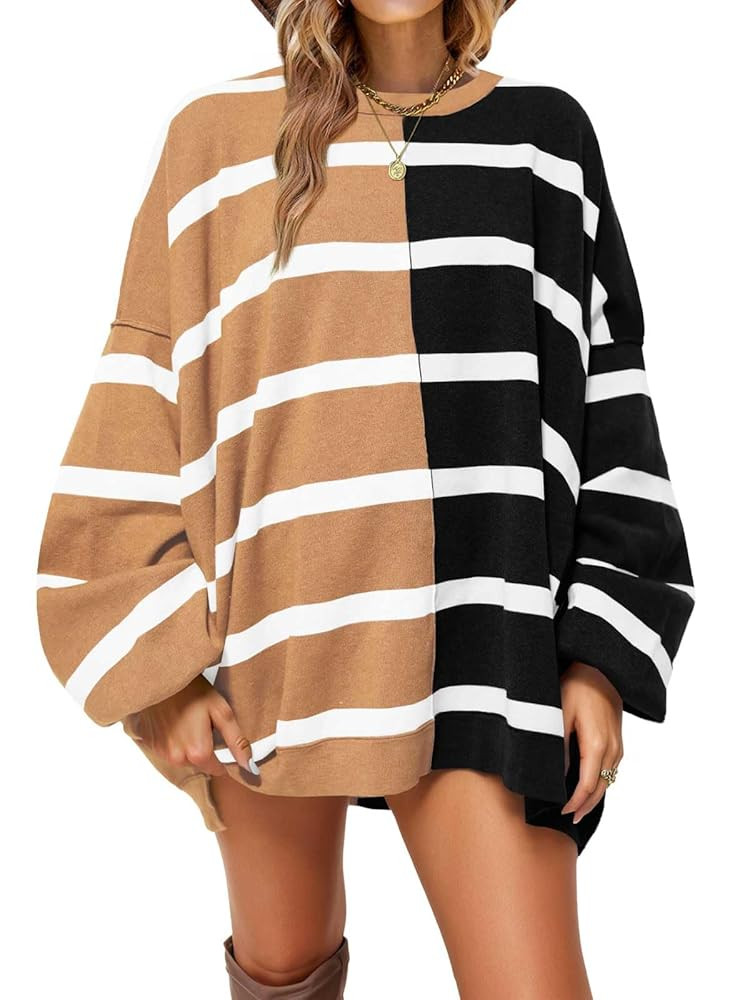 Fisoew Womens Striped Pullover Sweater Crew Neck Long Sleeve Knitted Color Block Casual Loose Lig... | Amazon (US)