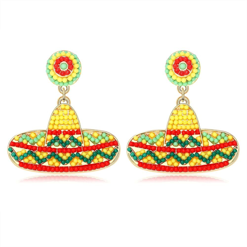 Cinco de Mayo Earrings for Women Girls Handmade Beaded Sombrero Chili Pepper Drop Dangle Earrings... | Amazon (US)