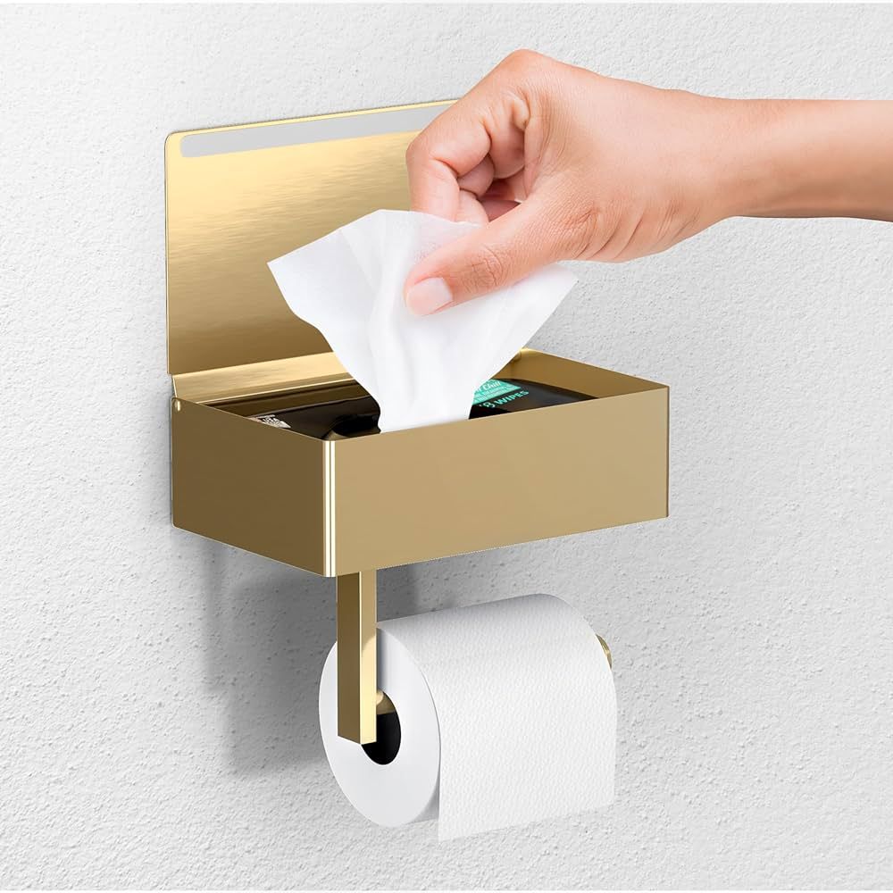 Day Moon™ Brushed Gold Toilet Paper Holder with Shelf, Wipe Holder for Bathroom Flushable Wipes... | Amazon (US)