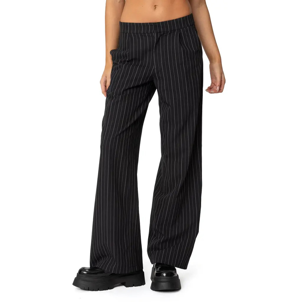 EDIKTED Aliza Pinstripe Straight Leg Pants in Black-And-White at Nordstrom, Size Small | Nordstrom