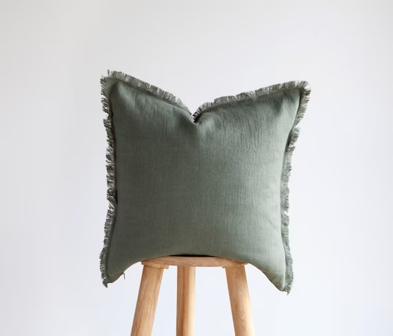Green Fringe PILLOW COVER Linen Pillowcase Sage Green Raw | Etsy | Etsy (US)