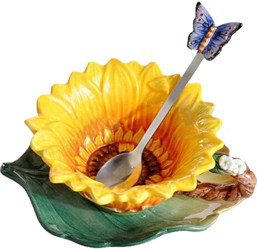 Ceramic Tea Cup with Saucer Matching Spoon Set,Sunflower Enamel Porcelain Mugs Ceramic Coffee Cup... | Amazon (US)