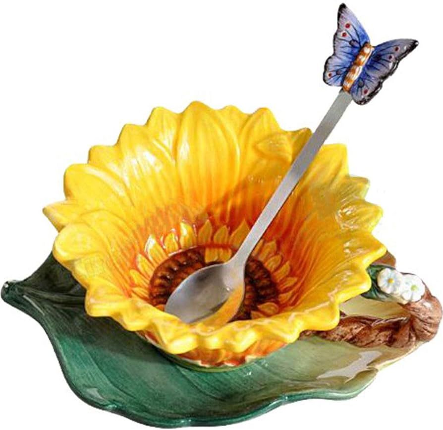 Ceramic Tea Cup with Saucer Matching Spoon Set,Sunflower Enamel Porcelain Mugs Ceramic Coffee Cup... | Amazon (US)