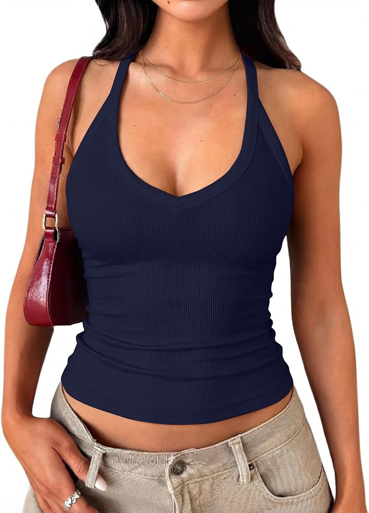Darong Women's V Neck Tank Tops with Built-in Bra Racerback Basic Summer Camisole Ribbed Slim Fit... | Amazon (US)