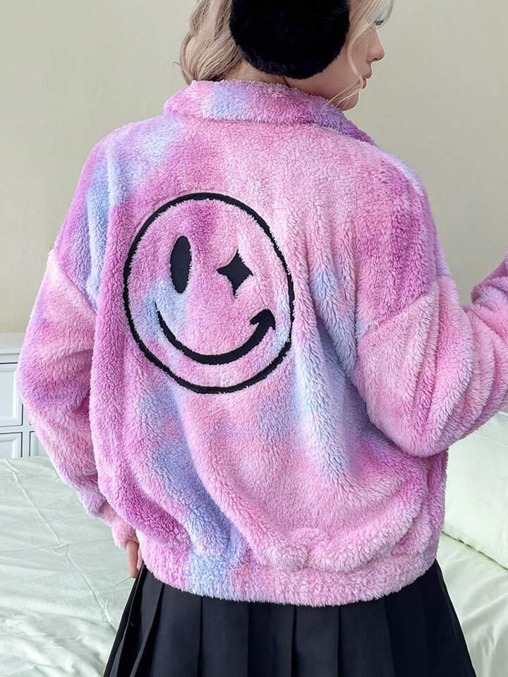 SHEIN Qutie Tie Dye Cartoon Embroidery Drop Shoulder Teddy Jacket | SHEIN