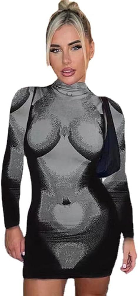 Women Long Sleeve 3D Body Printed Bodycon Midi Mini Dress Winter New Evening Sexy Party Club Prom... | Amazon (US)