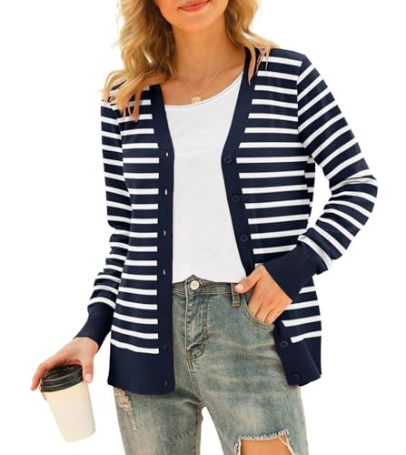 VIISHOW Women's Long Sleeve Button Down Vee Neck Classic Sweater Knit Cardigan, Striped Navy Blue, Small | Amazon (US)