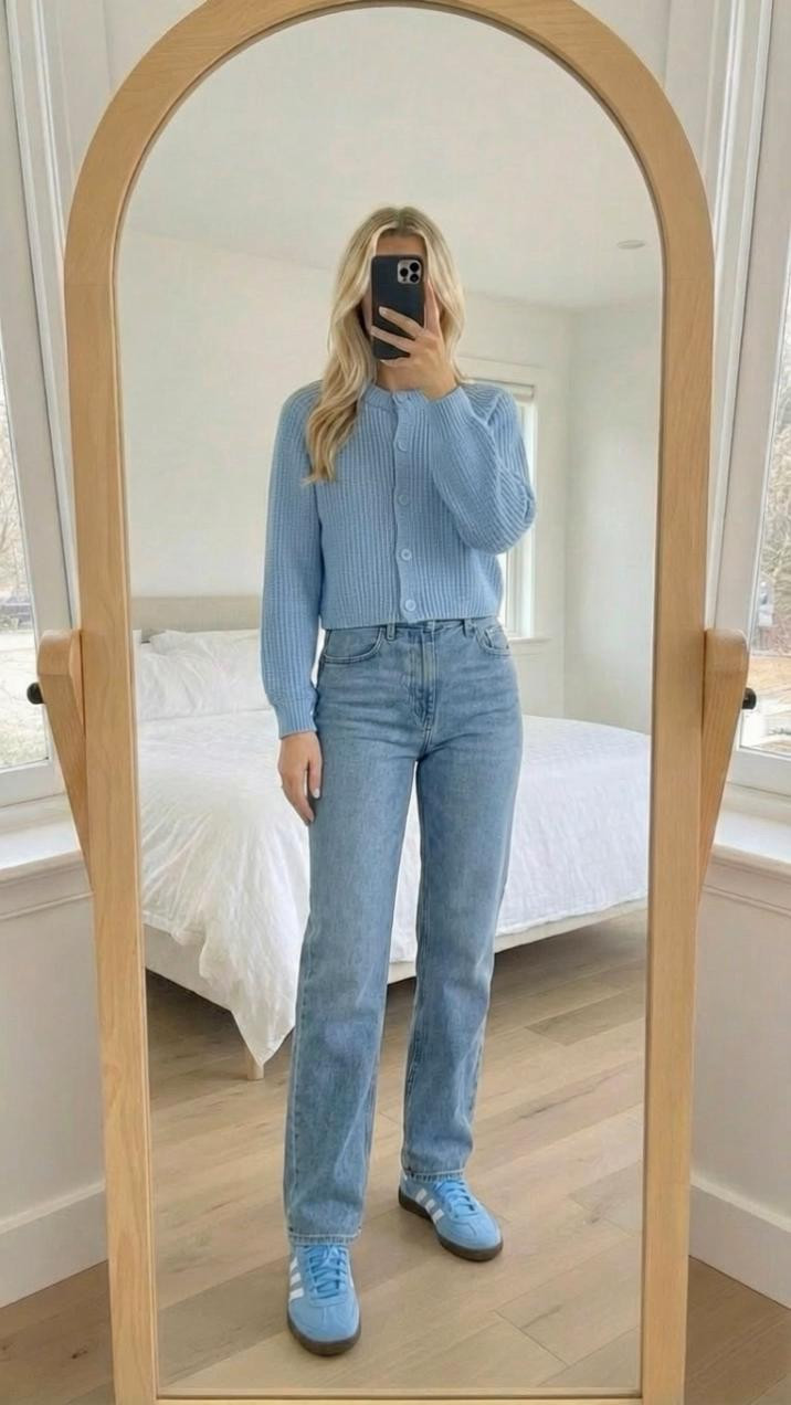 Soft blues on repeat 💙
This light blue cardigan paired with light wash blue jeans and light blue tennis shoes is the kind of outfit that feels calm, effortless, and quietly put together. The monochromatic blue palette instantly makes it look intentional, while still feeling relaxed and wearable for everyday life. It’s cozy without being bulky, casual without looking sloppy, and perfect for those in-between days when you want to be comfortable but still look cute.

This is such an easy go-to for running errands, school drop-offs, travel days, coffee dates, or casual weekends. The cardigan adds that soft, cozy layer, the jeans keep it classic, and the matching sneakers tie everything together for a clean, fresh finish. If you ever struggle with what to wear, sticking to one color family like this makes getting dressed so much easier—and always looks elevated.

Save this for when you want an outfit that feels light, fresh, and effortless with minimal effort.

**Keywords:** light blue cardigan outfit, monochrome blue outfit, light wash jeans outfit, casual everyday outfit, cozy cardigan look, neutral sneakers outfit, effortless mom style, casual chic outfit, spring casual outfit, comfy everyday fashion

#LTKStyle #EverydayOutfits #CasualChic


#LTKgrwm #LTKmorningroutine #LTKfitnessgoals