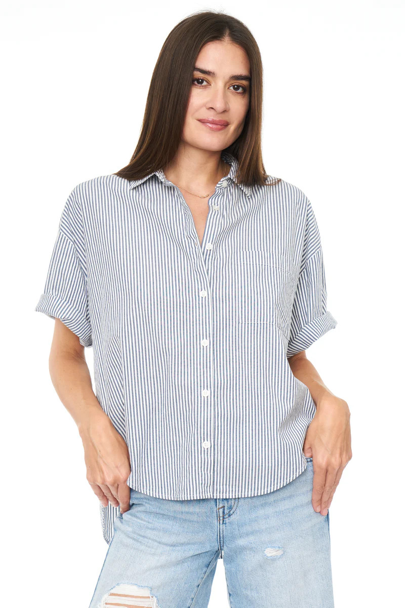 Cam Short Sleeve Button Down Shirt - Sea Stripe | Pistola Denim
