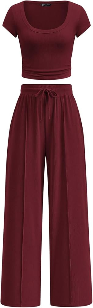 PRETTYGARDEN Women's 2 Piece Matching Lounge Sets Ribbed Short Sleeve Crop Tops Wide Leg Pants 20... | Amazon (US)