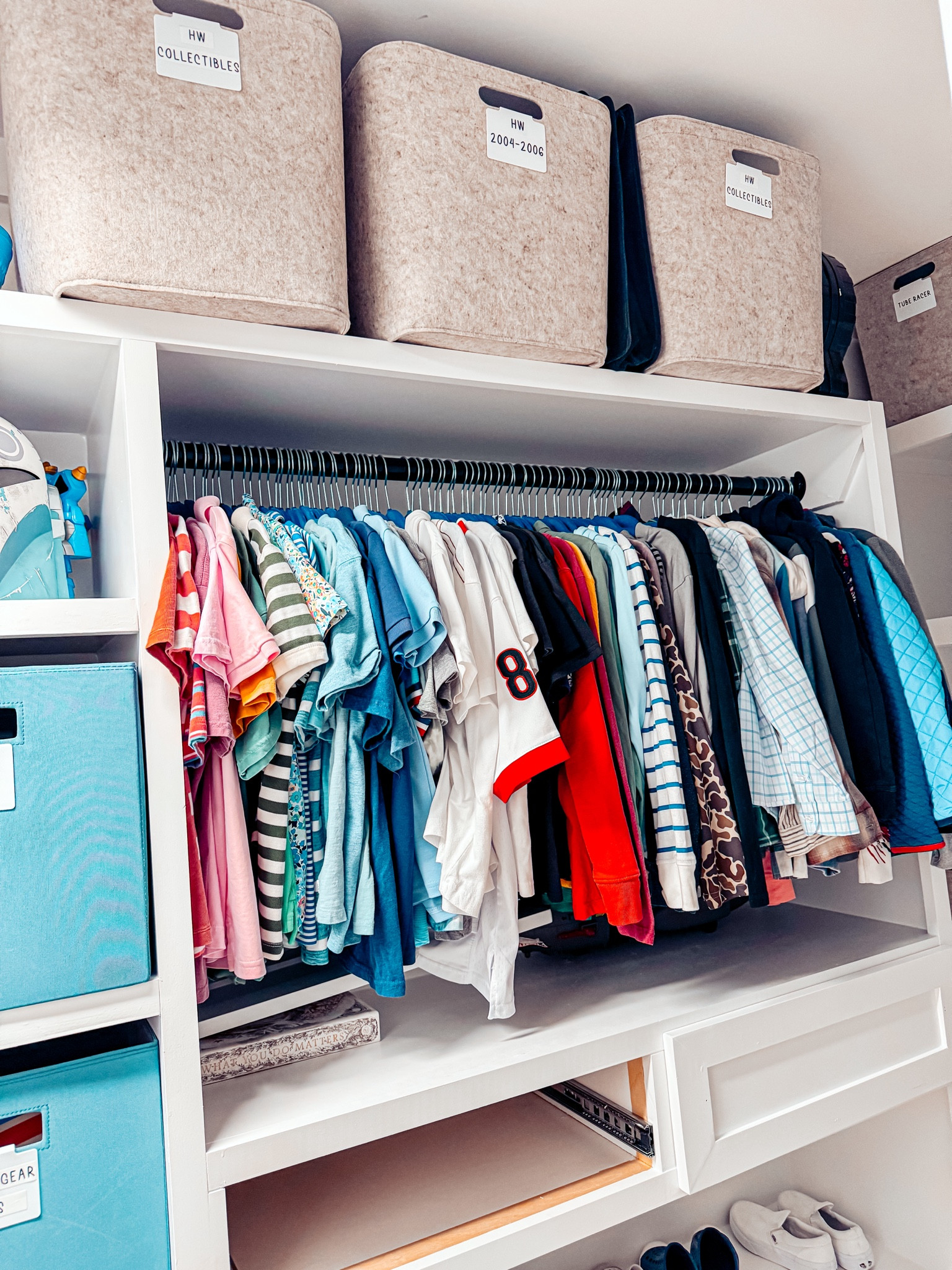 I love incorporating these blue hangers for my client that matches everything in this boys shared closet. They are the 14 inch which work great for those ages that are transitioning into preteens. 

#LTKkids #LTKfamily #LTKhome