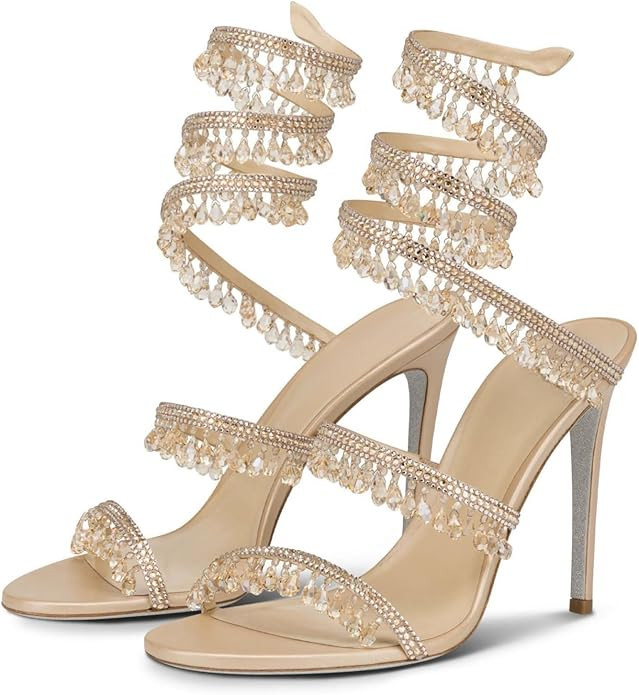 Rhinestone Wrap Around Strappy Stiletto High Heels for Women, Open Round Toe Lace Up Heeled Sanda... | Amazon (US)
