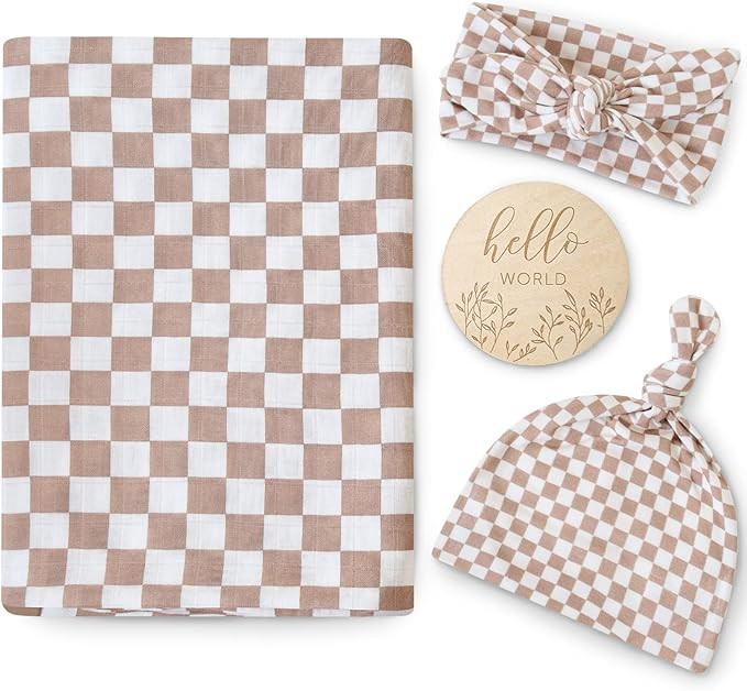 LifeTree Newborn Swaddle Set with Matching Hat and Headband Bow, Wooden Birth Announcement Card, ... | Amazon (US)