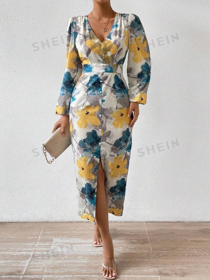 SHEIN VCAY Allover Floral Print Lantern Sleeve Split Thigh Dress | SHEIN