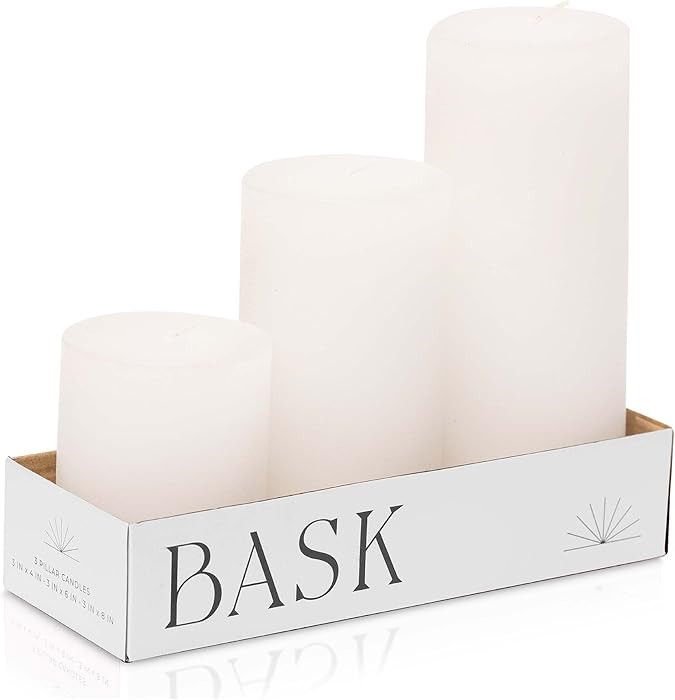 BASK Mottled Pillar Candles - Unscented White Pillar Candles Set of 3 - Dripless, Smokeless for A... | Amazon (US)