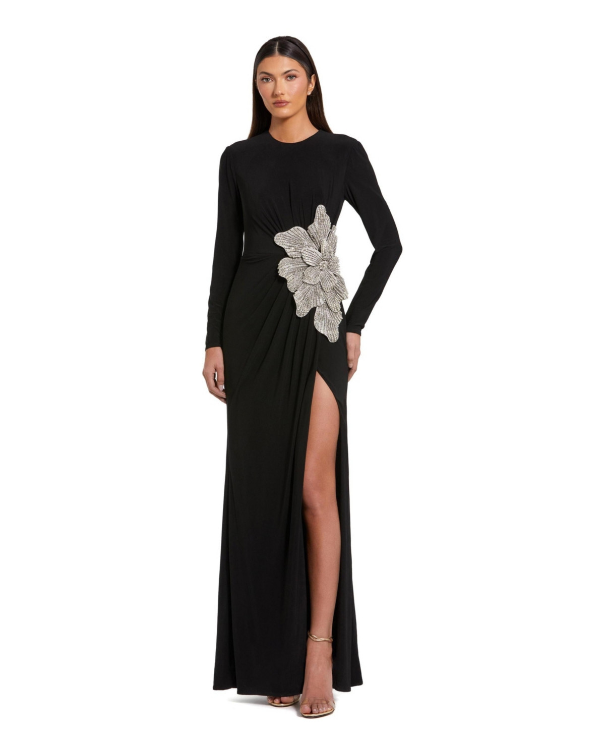 Mac Duggal Women's Jersey Gown With Embellished Flower - Black | Macy's