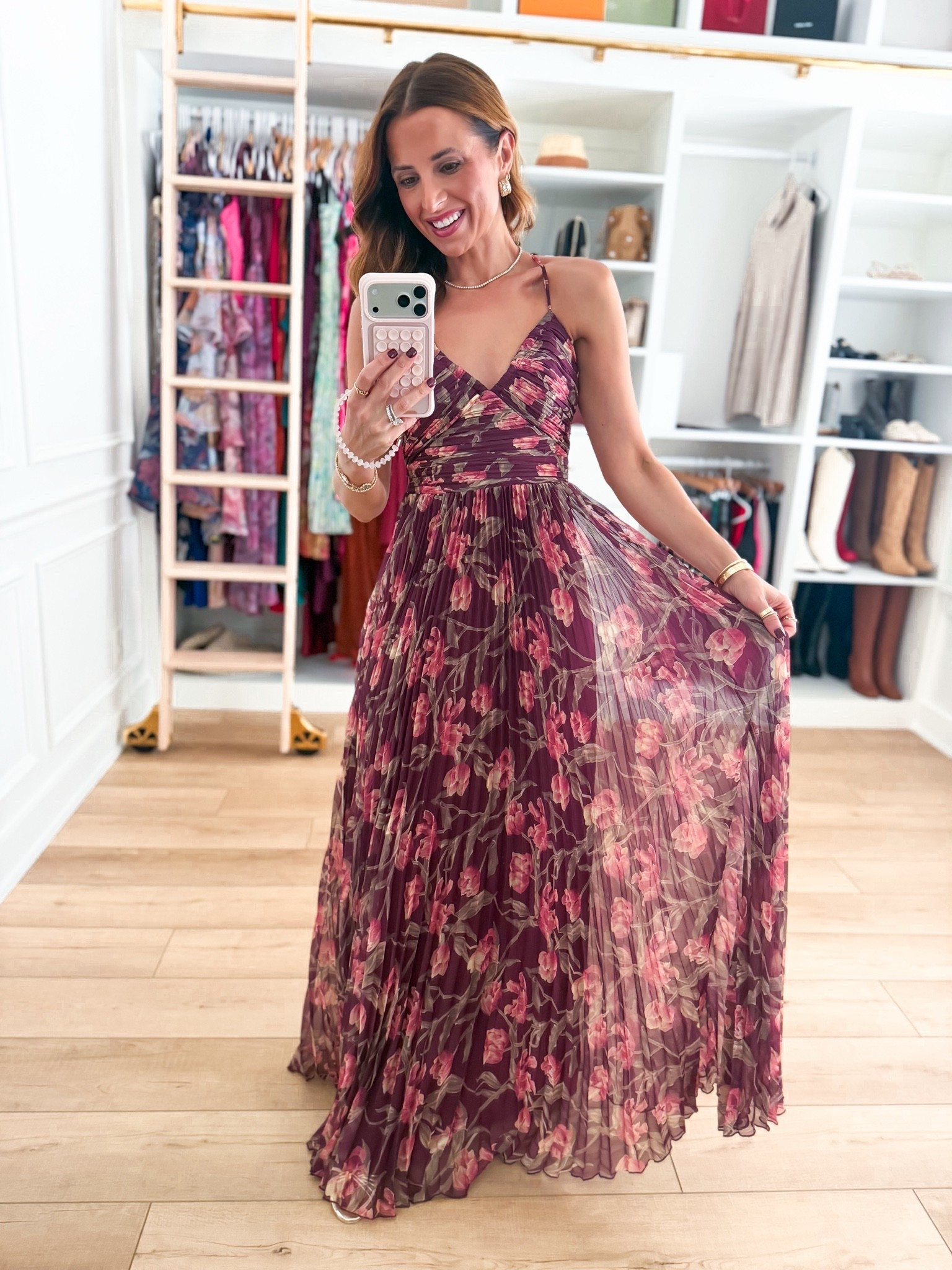 Fall wedding guest in XS. Floral pleated maxi dress. Cocktail dress. Winter wedding guest. Party dress. It ties in the back and you can adjust the straps to shorten them. Runs a little long on me and I’m 5’3.

#LTKWedding #LTKPetite #LTKootd