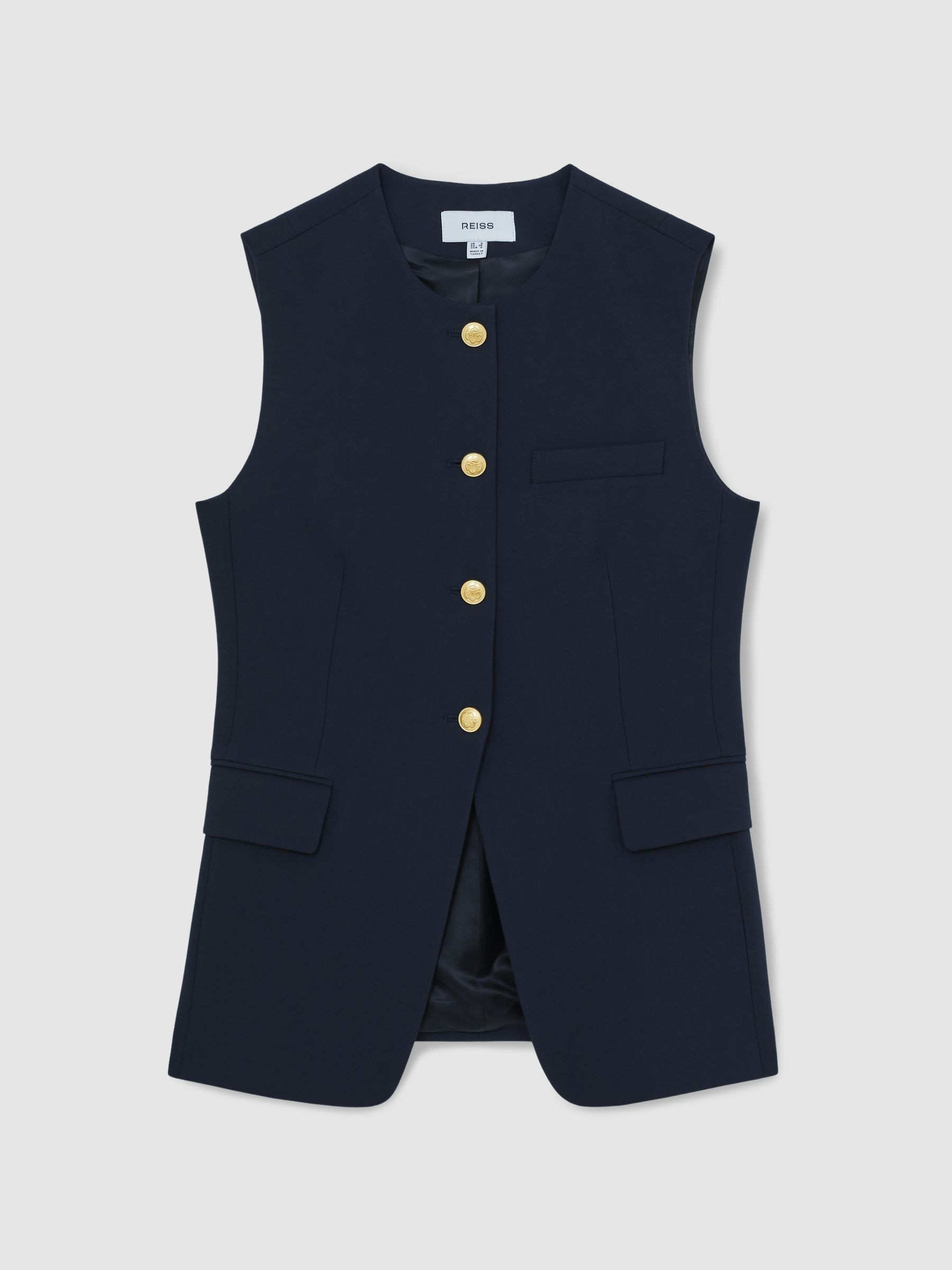Reiss High-Neck Longline Waistcoat in Navy - REISS | Reiss UK