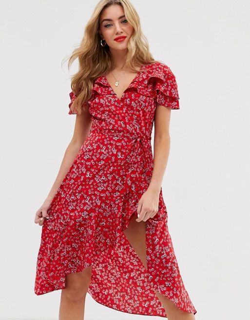 Boohoo midi wrap dress in red ditsy floral | ASOS US