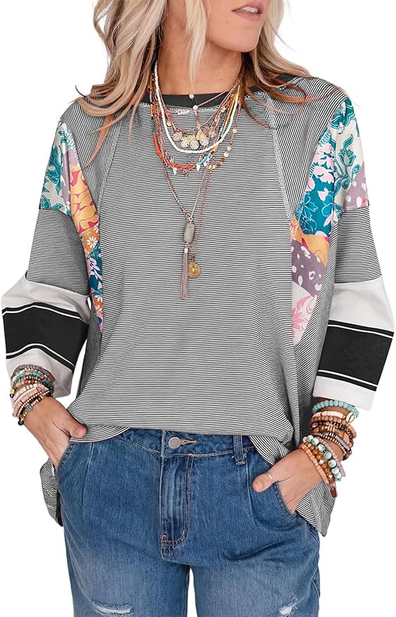 EVALESS Boho Tops for Women Dressy Casual Spring 3/4 Length Sleeve Crewneck Patchwork Striped Ove... | Amazon (US)