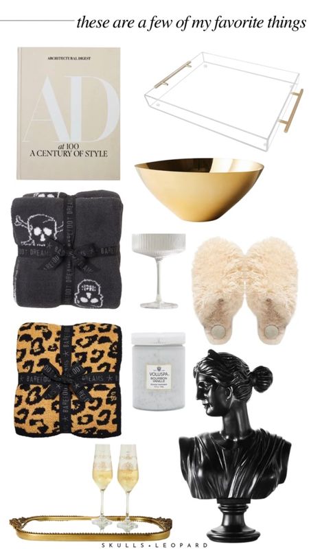 A few of my favorite things (that would all make great gifts!)

Ad at 100, acrylic tray, gold serving bowl, skull barefoot dreams, eva coupe glass, leopard barefoot dreams, teddy slippers, vanille bourbon voluspa candle, Judy bust status, Christmas gift, holiday gift, 

#LTKhome #LTKGiftGuide #LTKHoliday