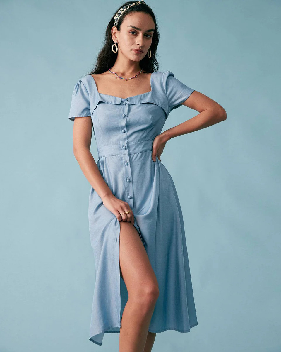 Single Breasted Midi Dress & Reviews - Blue - Dresses | RIHOAS | rihoas.com