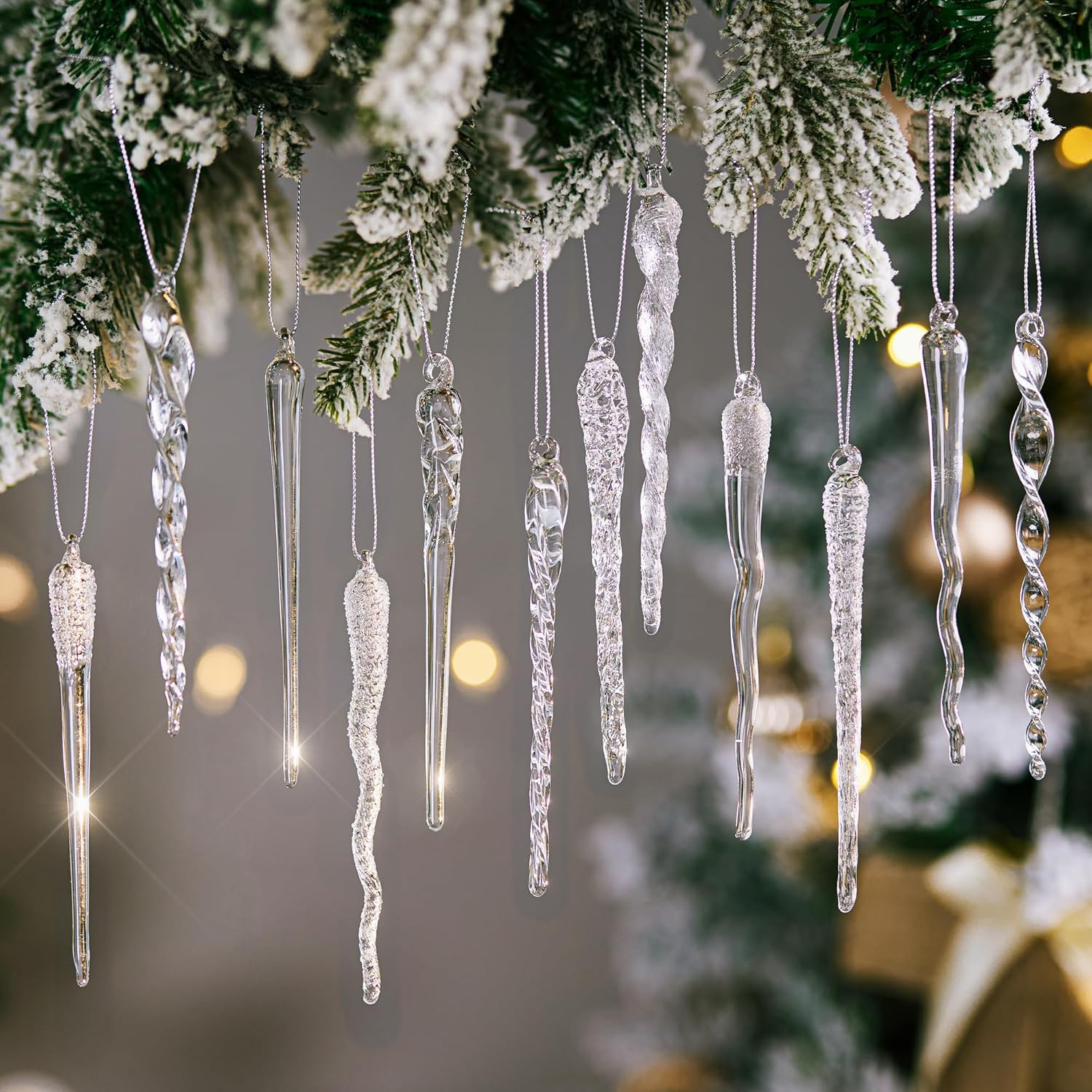 Glass Icicle Christmas Ornaments 12 pcs Winter Twisted Glass Hanging Decorations for Christmas Tr... | Amazon (US)