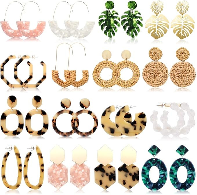 FIFATA 16 Pairs Statement Rattan Earrings for Womens Fun Acrylic Drop Earrings Resin Trendy Bohem... | Amazon (US)