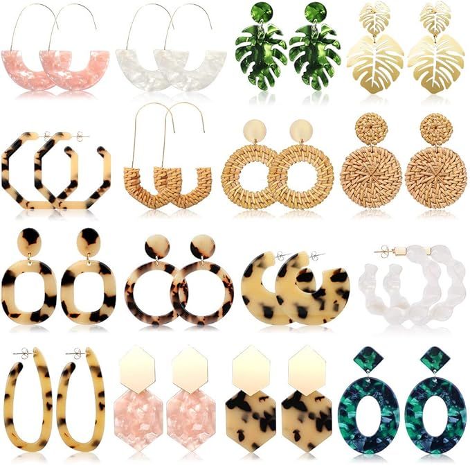 FIFATA 16 Pairs Statement Rattan Earrings for Womens Fun Acrylic Drop Earrings Resin Trendy Bohem... | Amazon (US)