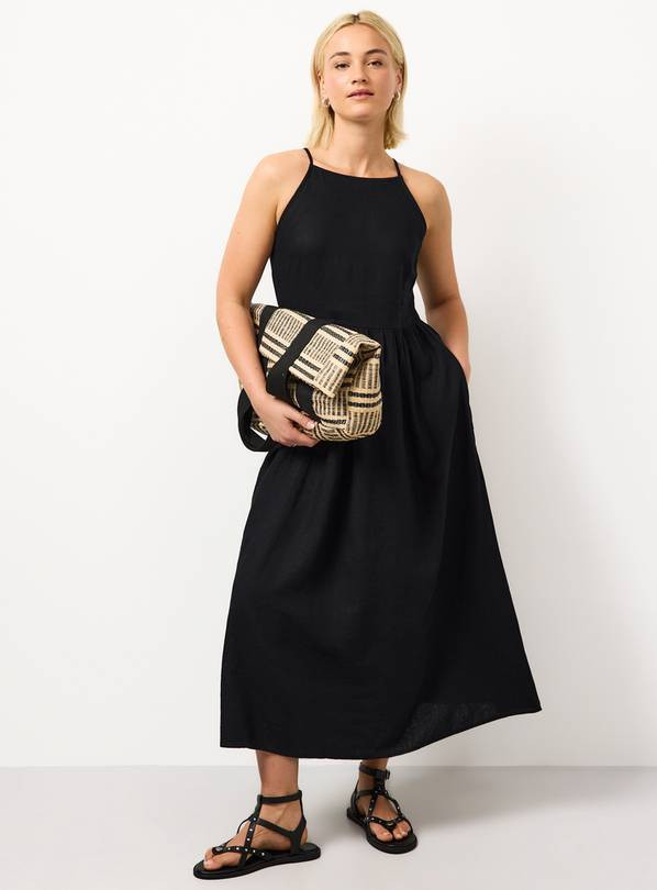 Buy Black Linen Blend Waisted Dress 6 | Midaxi | Tu | Tu Clothing