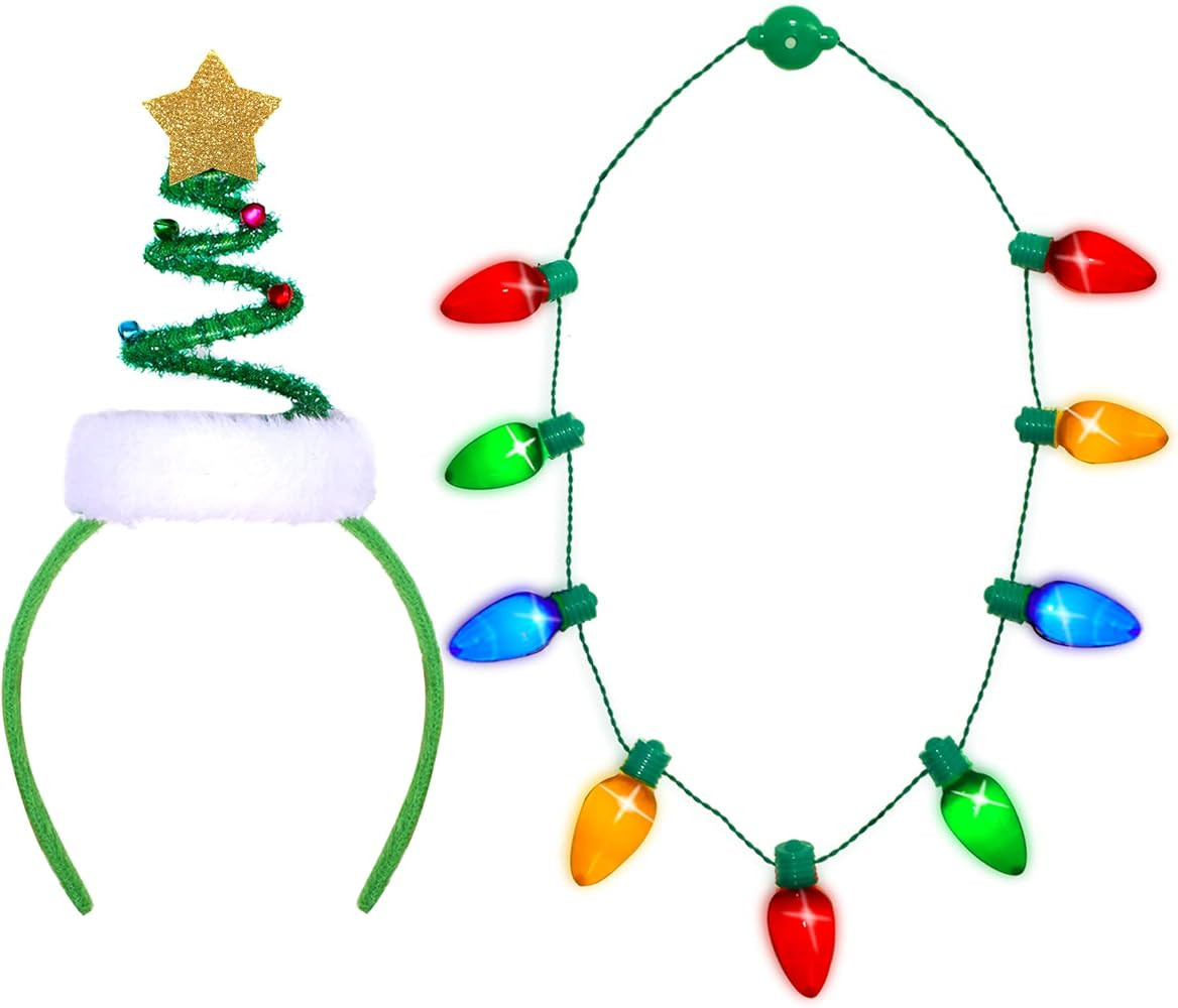 Christmas Party Kit Including Springy Christmas Tree Headband with Bells Santa Headwear+ LED Christmas Bulb Necklace Combo (Headband + Necklace) | Amazon (US)