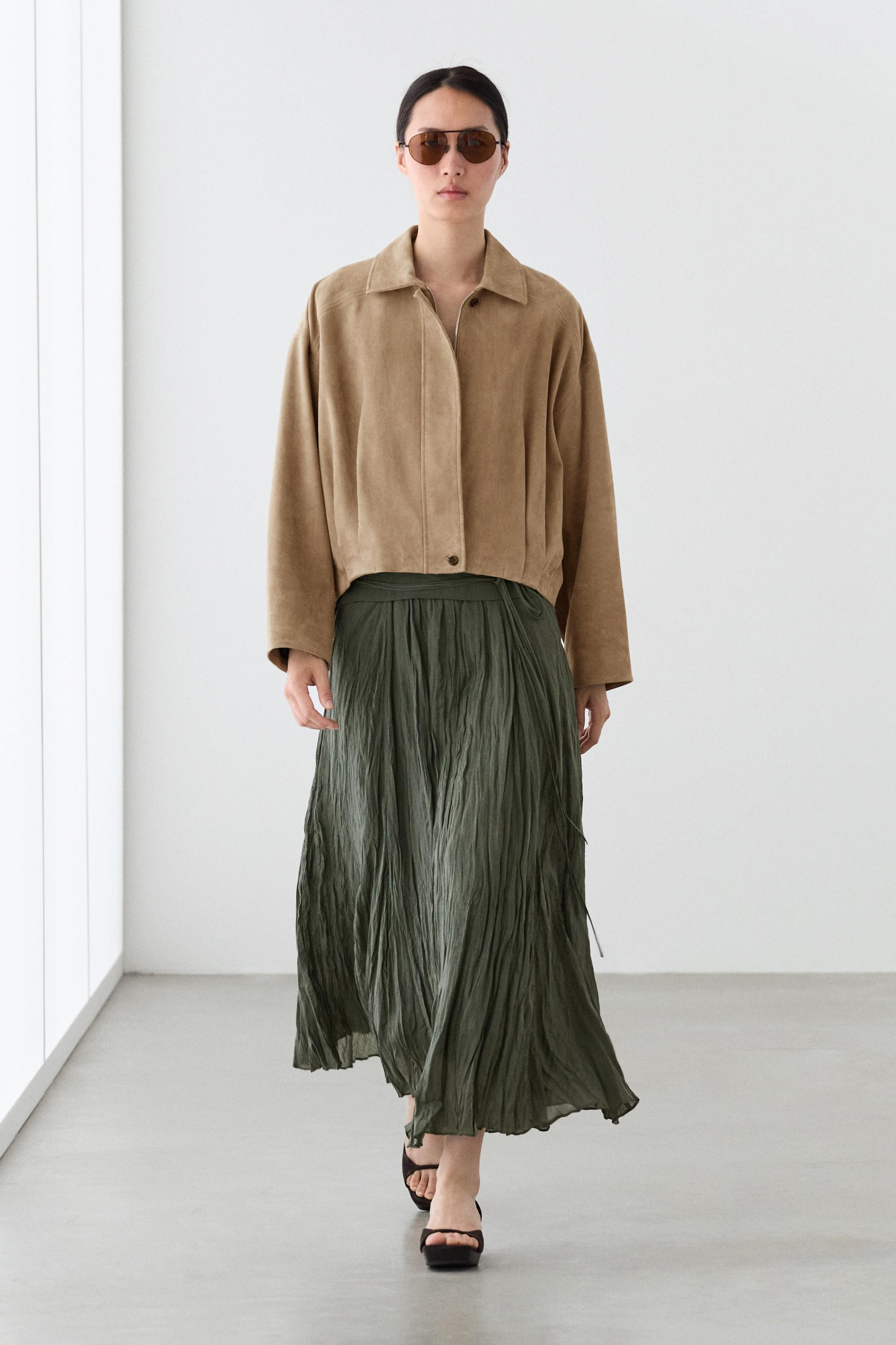 Pleated suede leather bomber jacket | Massimo Dutti UK