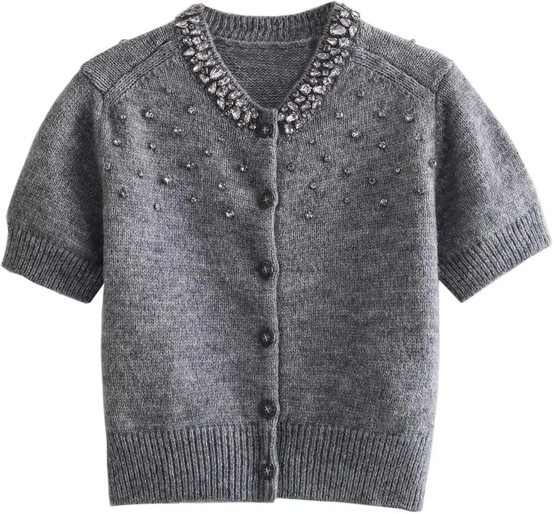 Women's Gray9 Ribbed Rhinestones Decorated Round Neck Short Sleeve Knitted Cardigan Jacket | Amazon (US)