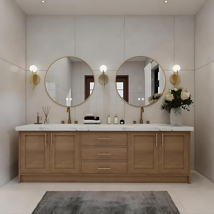 Wood Bathroom Vanity - Smart Defogging LED Round Mirror | Double Large Storage Cabinets & 3 Drawe... | Amazon (US)