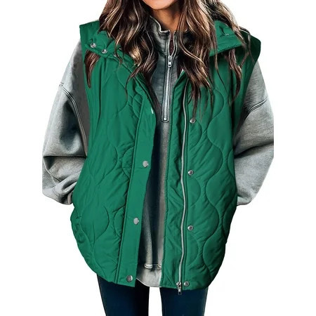 SHEWIN Puffer Vest for Women Lightweight Cropped Quilted Coat Button Zip Up Sleeveless Jackets Fall Spring Stand Collar Outerwear with Pockets Green | Walmart (US)