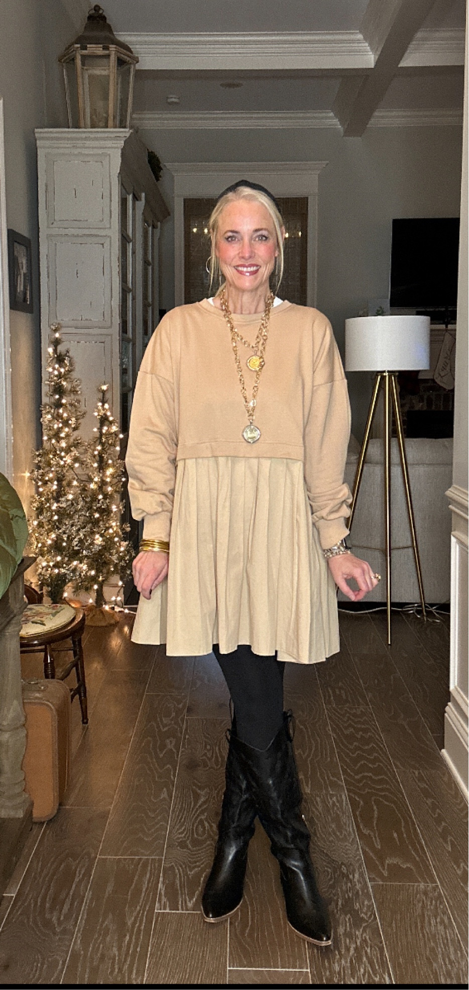 Like Free People but not the price tag? Well today’s OOTD is for you! AND it’s from the Tall Girl Approved retailer Ugerlov. All of the retailers are good, but I find that this one is a bit longer on 5’8 me. I size up on the ones from other retailers. 

This is the color called Light Brown. I’ve paired it with the opaque fleece-lined black tights, black cowboy boots, a headband and all my typical gold jewelry. Everything is Amazon except the beautiful hand-crafted necklaces from Jennifer Ponson Designs and bracelet from Gorjana. 

#LTKTreatYourself #LTKshoecrush 

#LTKover40 #LTKmidsize #LTKfindsunder50