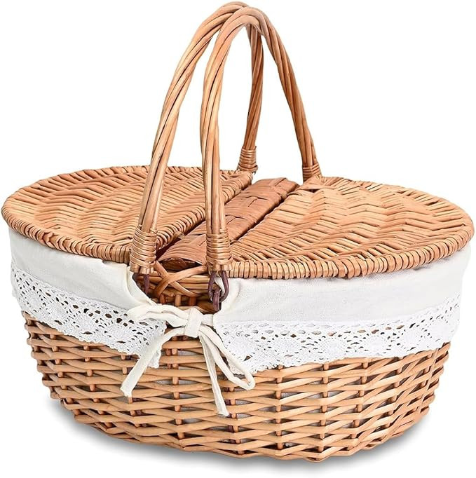 Cute 12.9" Wicker Picnic Basket for Kids with Removable Liner Empty Baskets with Lids, Picnic Ham... | Amazon (US)