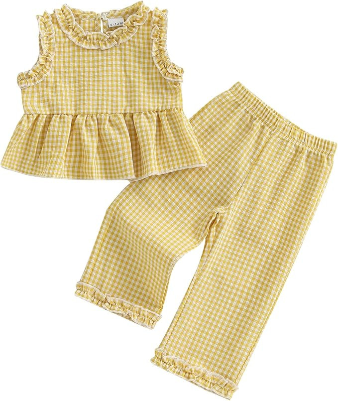 Kupretty Toddler Girl Clothes Baby Summer Outfits Gingham Ruffle Sleeveless Vest Shirt Tank Tops ... | Amazon (US)