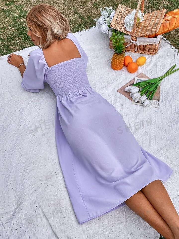 SHEIN VCAY Flounce Sleeve Shirred A-line Dress | SHEIN