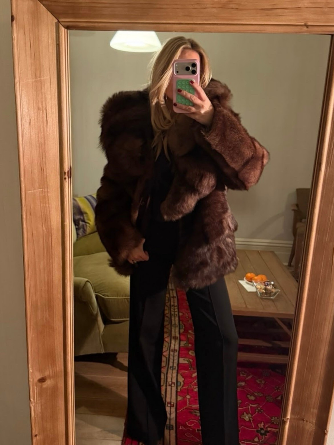 Been loving faux fur all winter. Pants are Phoebe Philo but I linked similarr