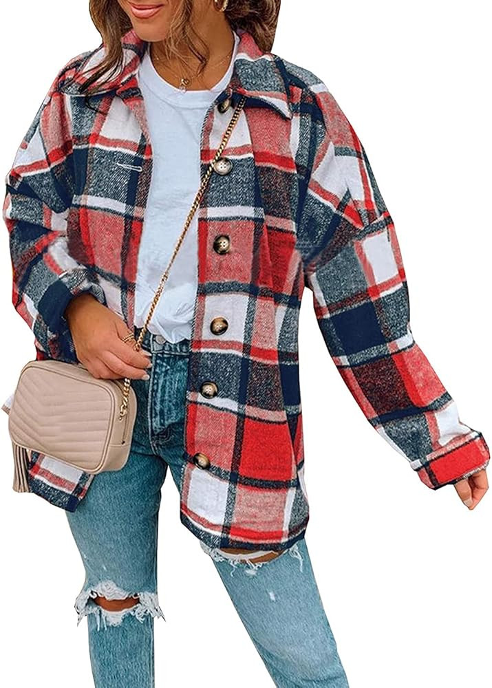 Peaceglad Women's Lounge Lapel Button Up Long Sleeve Plaid Long Shirt Jacket Shacket | Amazon (US)