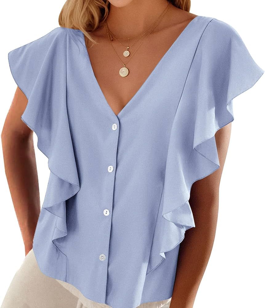 PRETTYGARDEN Women's 2024 Summer Cute Tops Ruffle Cap Sleeve V Neck Loose Fit Blouses Dressy Casu... | Amazon (US)