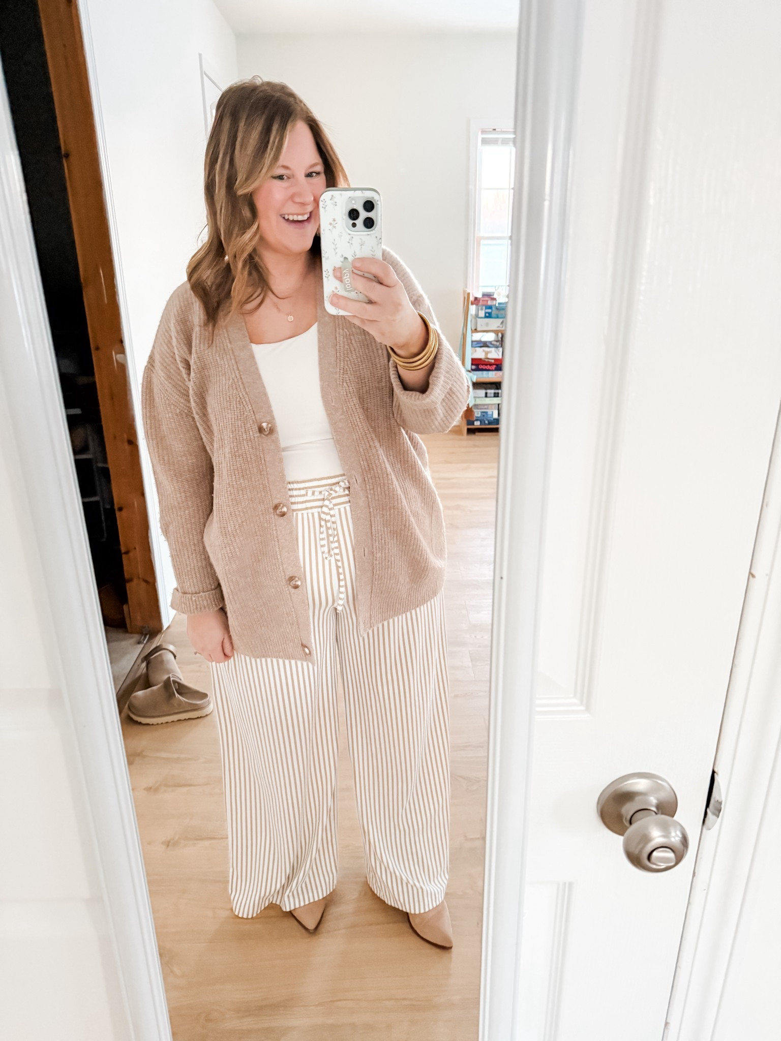 Teacher outfit - Wearing a large in my quince cashmere cardigan, XL in my tank and XL in my striped pants. 

#LTKWorkwear #LTKMidsize #LTKBump