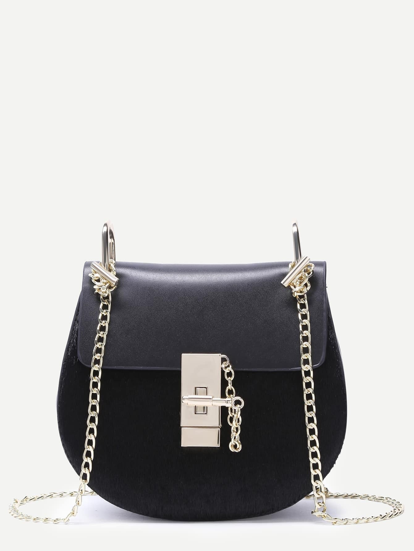 Black Horse Hair Covered PU Saddle Bag With Chain Strap | SHEIN