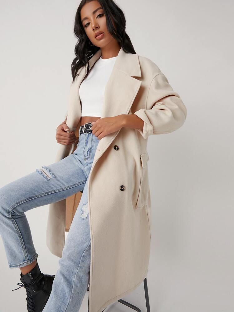 SHEIN Notch Collar Flap Detail Split Hem Overcoat | SHEIN