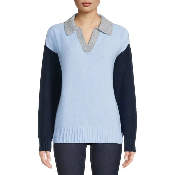 Time and Tru Women's Long Sleeve Colorblock Polo Sweater | Walmart (US)