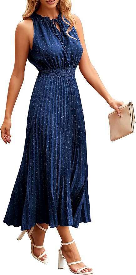 PRETTYGARDEN Women's Midi Summer Dresses Casual V Neck Swiss Dot Ruffle Sleeveless A Line Beach S... | Amazon (US)