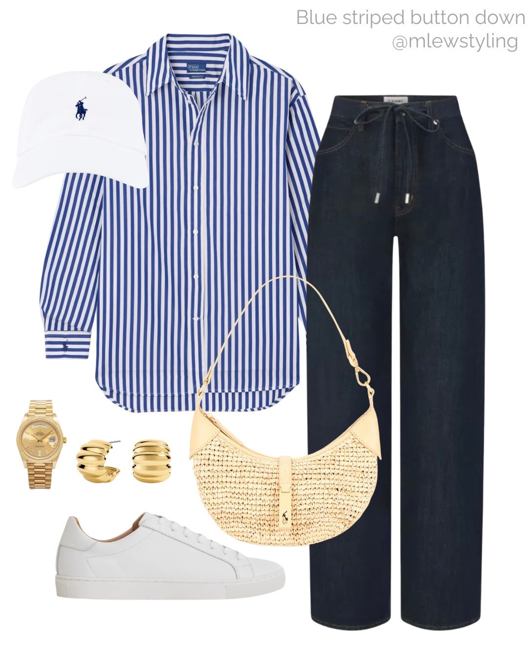 Blue striped button down styled for the weekend 🤍

Tags: summer outfit, polo Ralph Lauren baseball cap, raffia bag, white sneakers, gold watch, ribbed hoop earrings, Frame denim drawstring jeans, neutral aesthetic, preppy spring outfit,