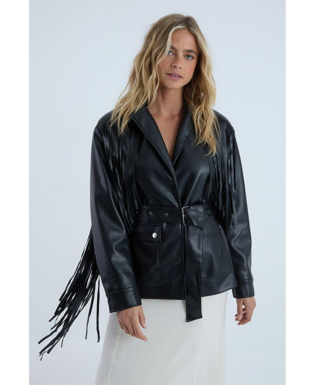 Nasty Gal Women's Fringe Faux Leather Belted Jacket - Black | Macy's